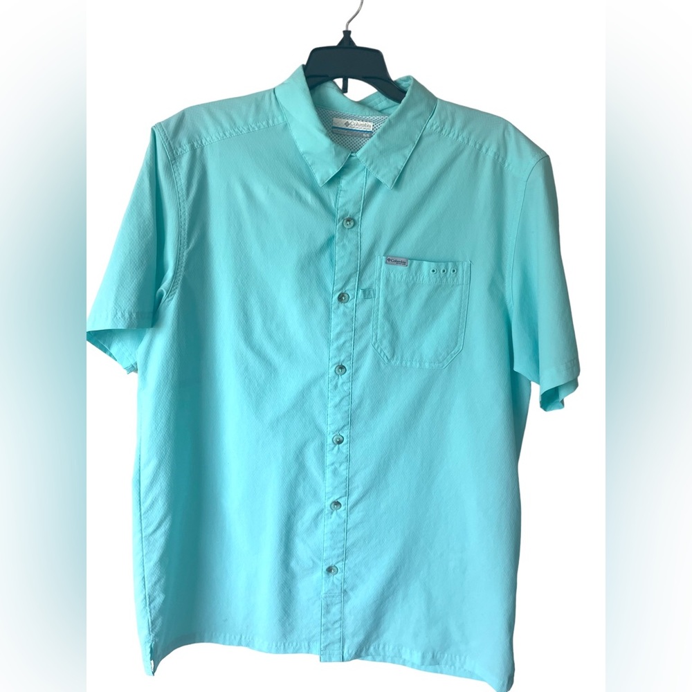 COLUMBIA MEN’S PFG SHORT SLEEVE SHIRT SIZE M COLOR AQUA